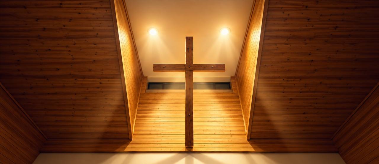 The wooden cross in MBC’s main hall, warmly lit against the timber ceiling